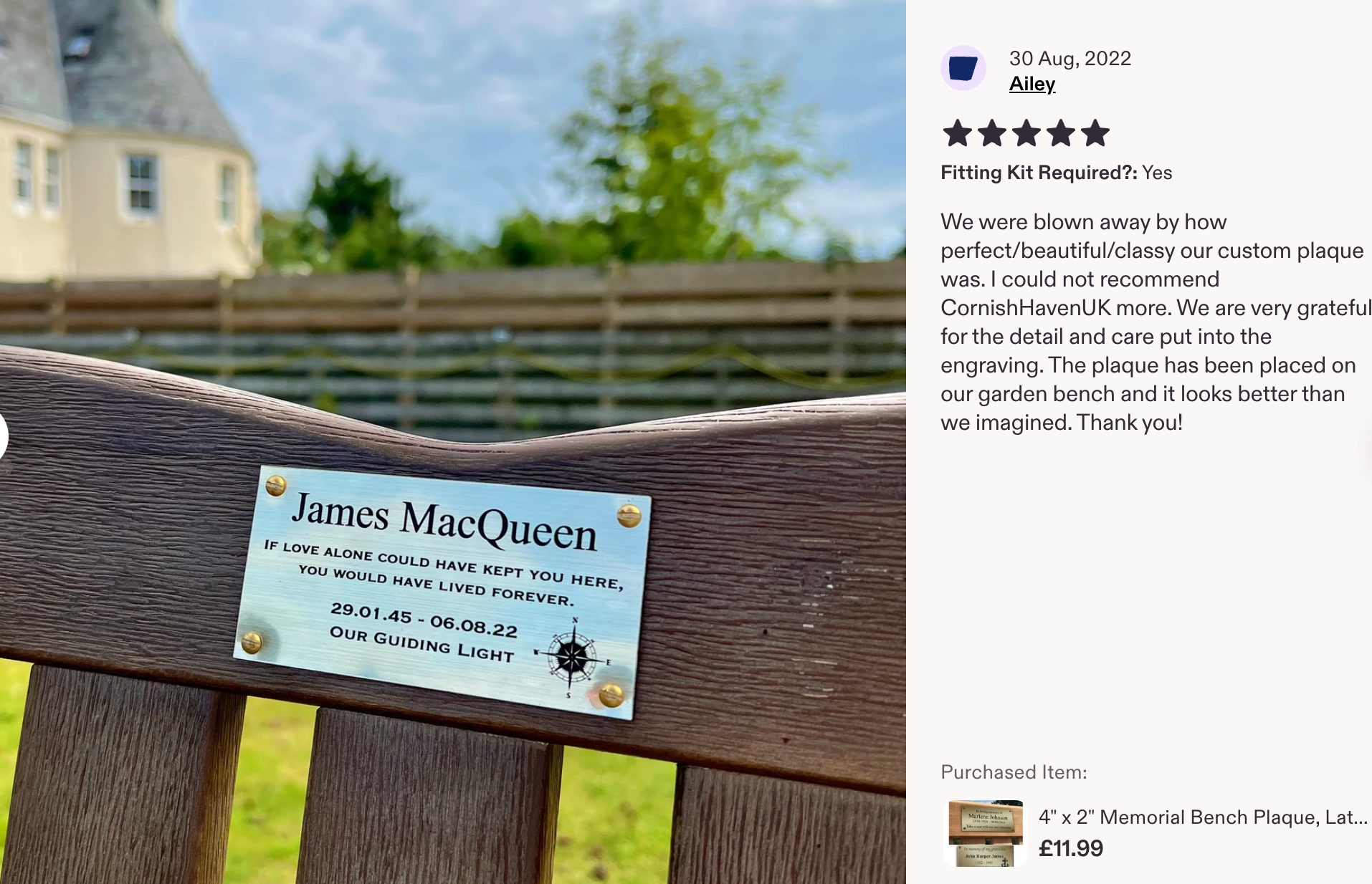 Customer photo of a silver-effect memorial plaque fitted to a dark wooden garden bench