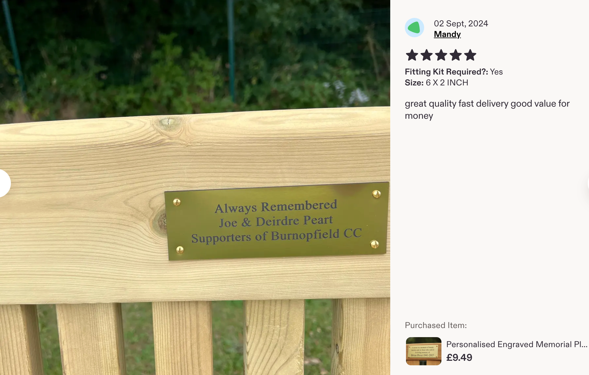 Customer photo of a brass-effect memorial plaque fitted securely to a wooden bench