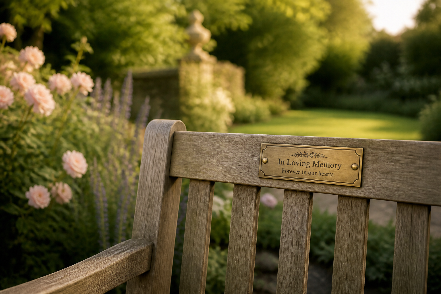 Professionally engraved brass memorial plaque on a weathered garden bench