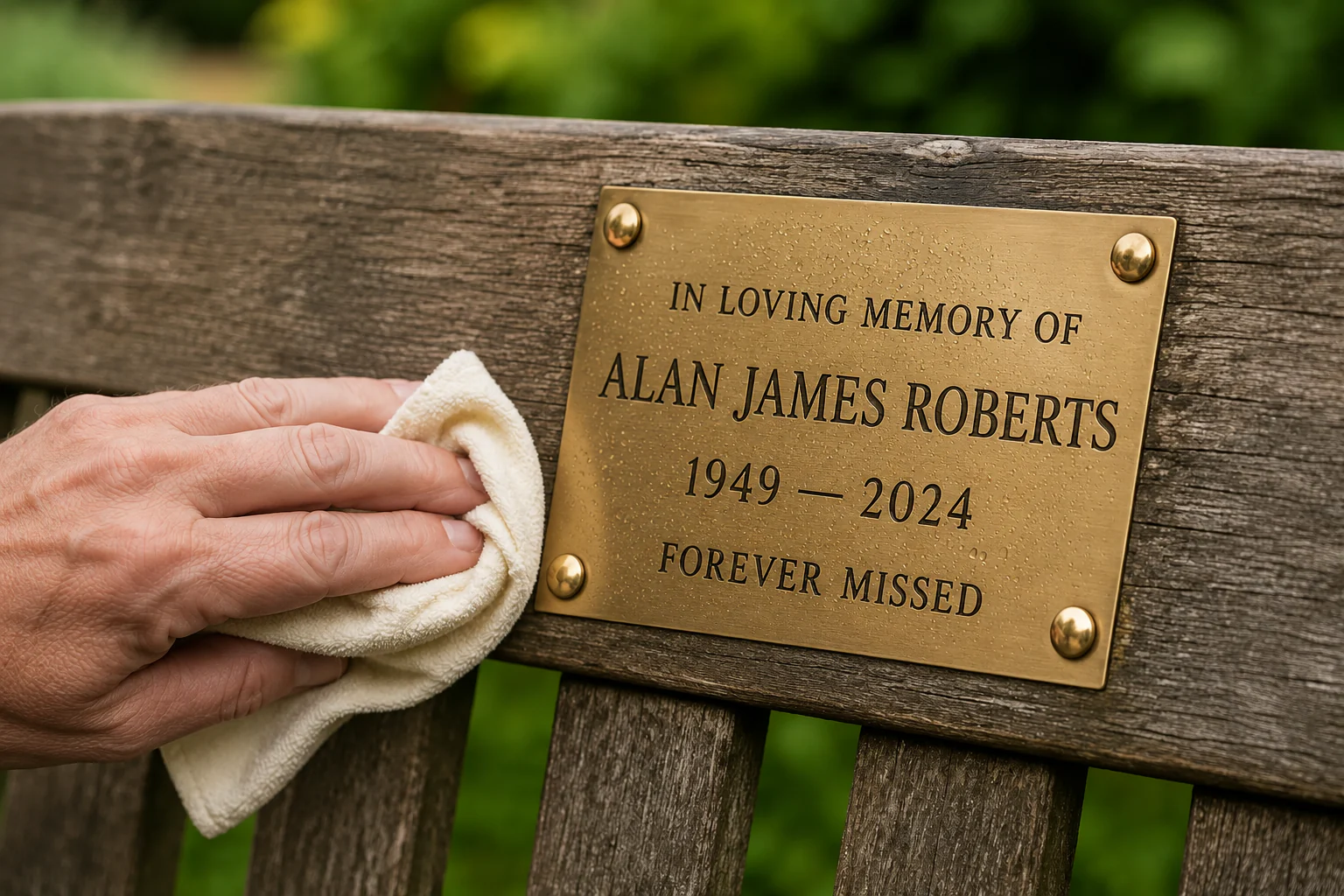A brass-effect plaque being gently wiped with a soft cloth