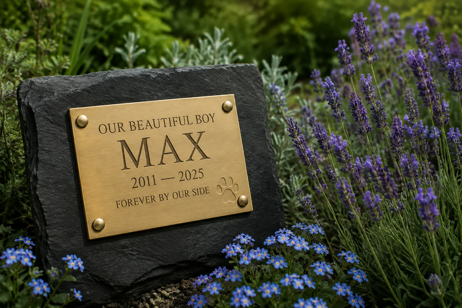 Brass-effect pet memorial plaque with paw motif on slate among garden flowers
