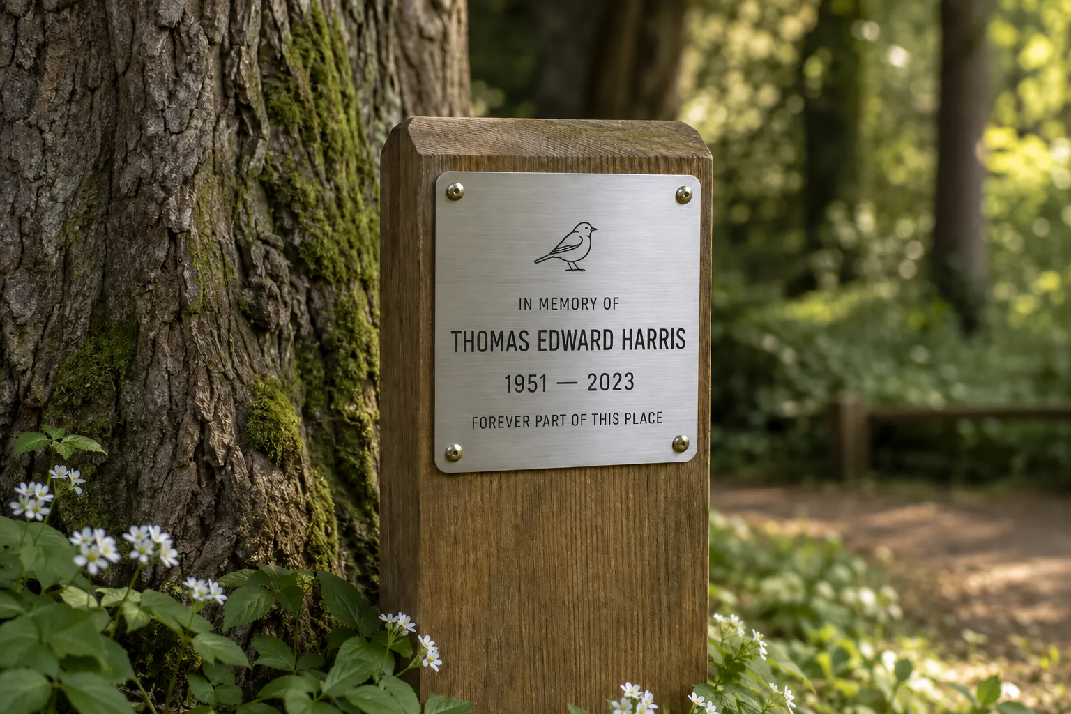 Steel-effect plaque on a wooden remembrance post beside a mature tree