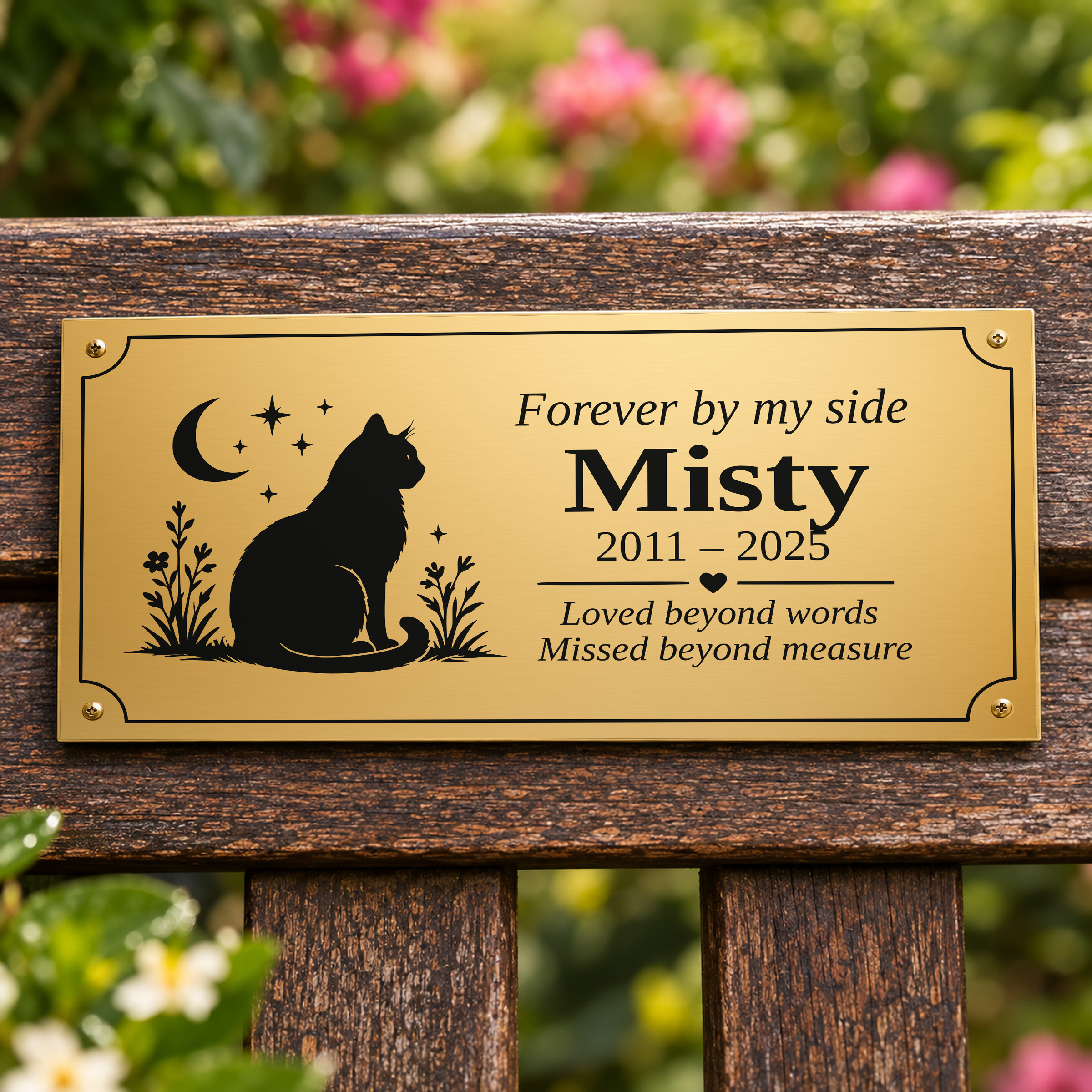 Cat and Moon Memorial Plaque in brass-effect engraving laminate