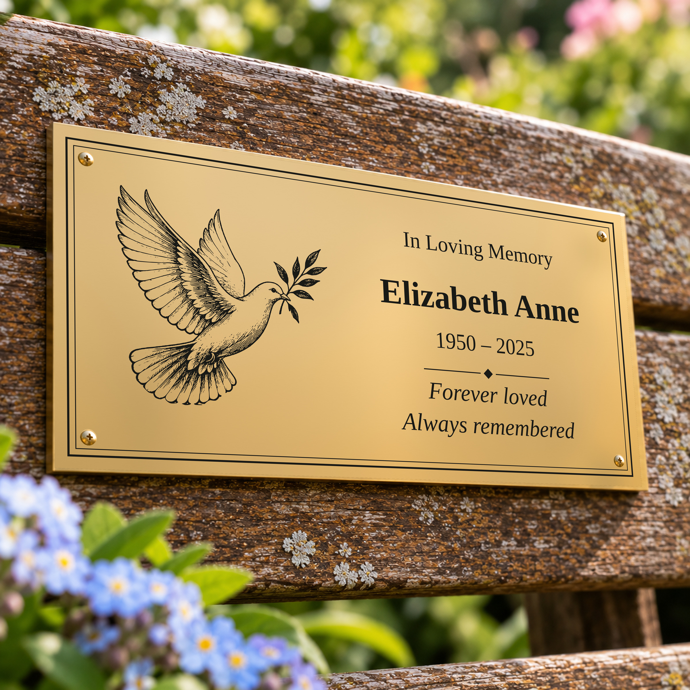Dove Memorial Bench Plaque in brass-effect engraving laminate