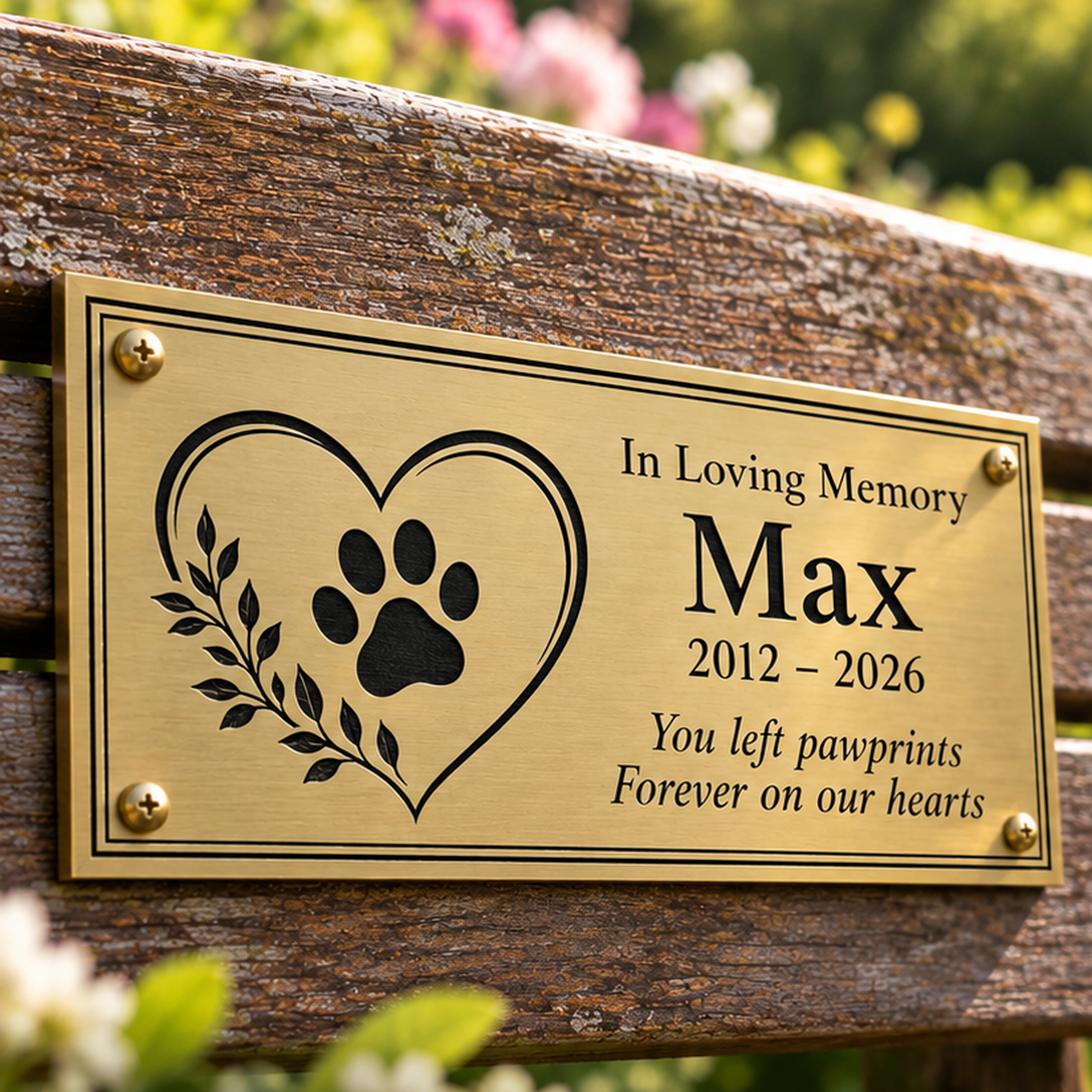 Paw Print Heart Memorial Plaque in brass-effect engraving laminate