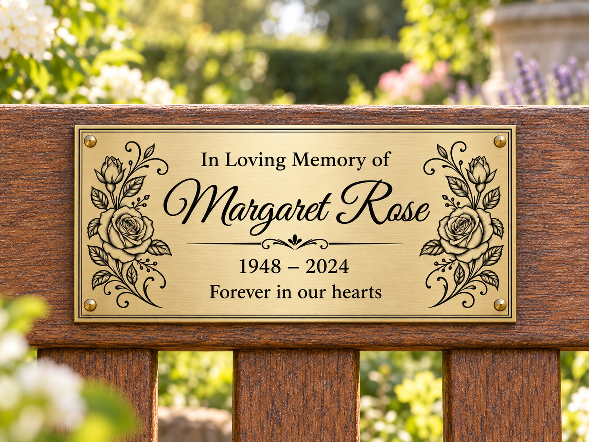 Brushed brass-effect personalised double-rose memorial plaque on a garden bench